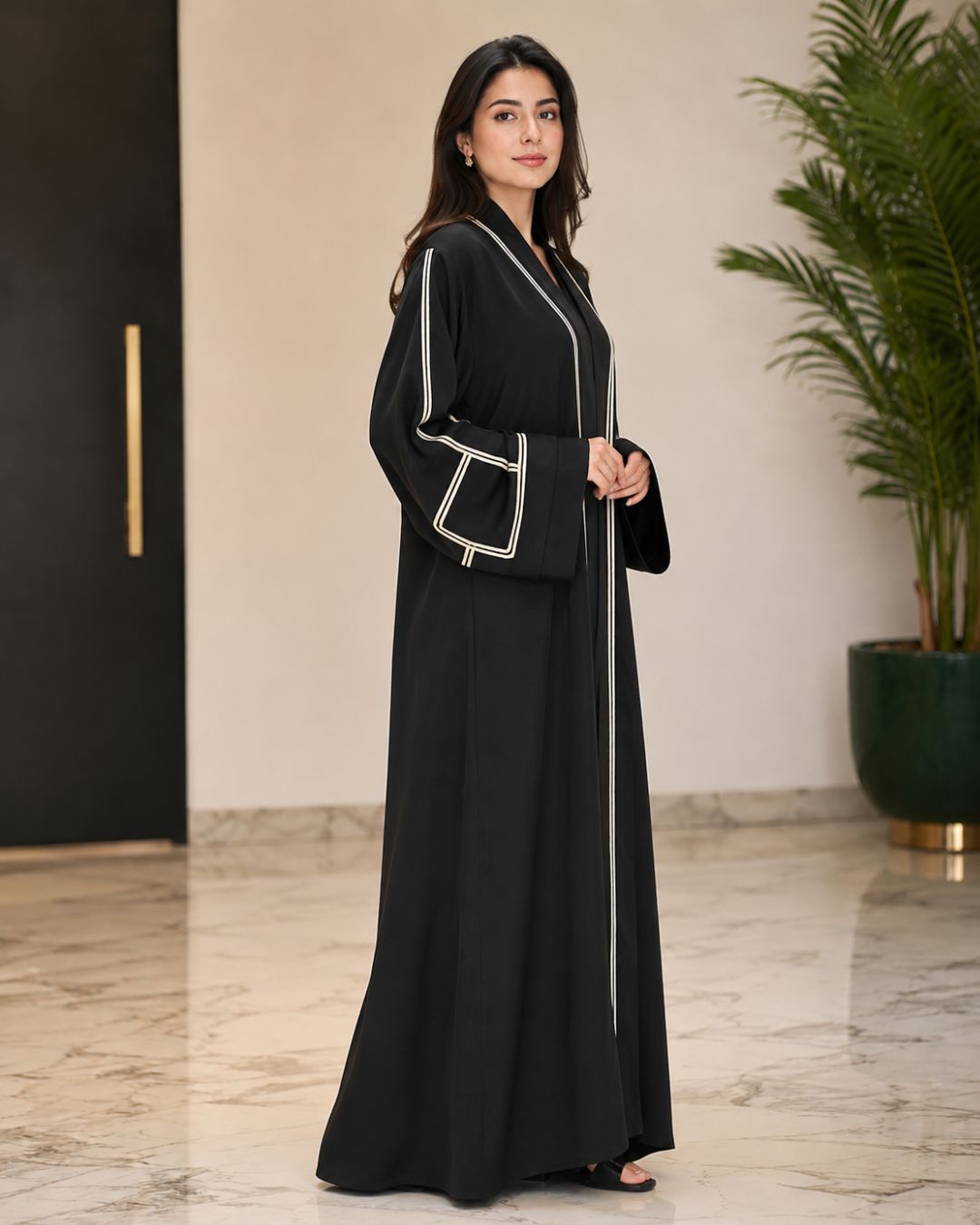 Premium Black Open Front Abaya with Contrast Piping