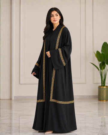 Premium Black Open Front Abaya with Gold Border