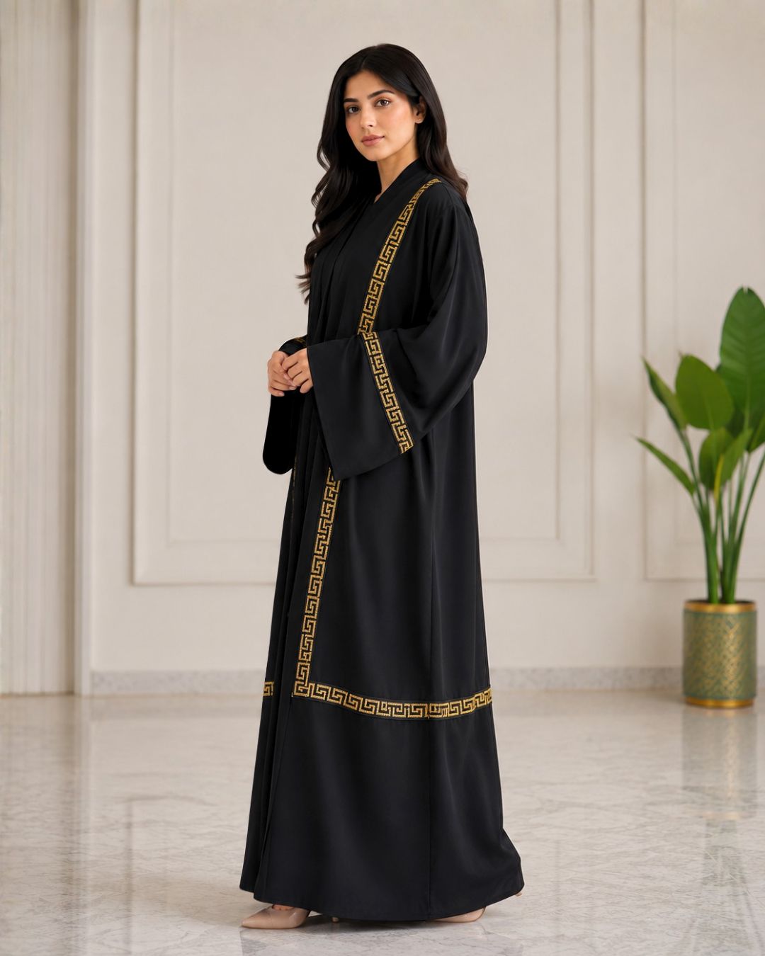 Premium Black Open Front Abaya with Gold Border