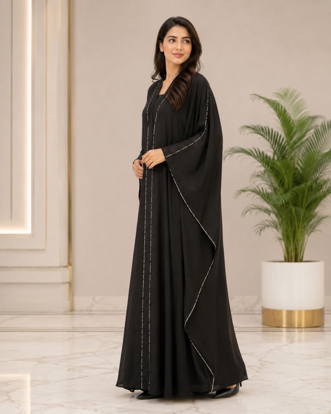 Premium Black Open Front Kaftan Abaya Set