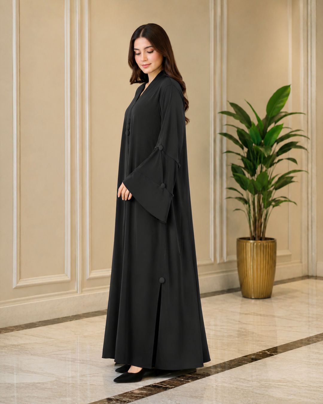 Premium Black Front Open Abaya with Layered Bell Sleeves