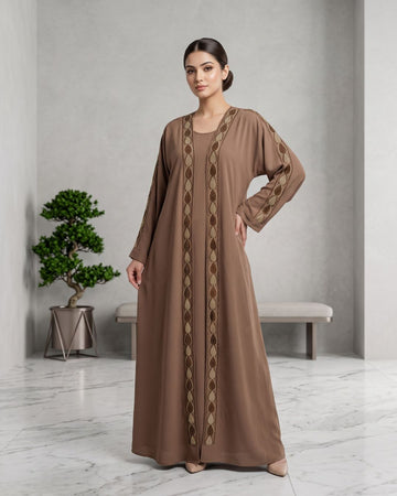 Elegant Mocha Leaf Detail Abaya