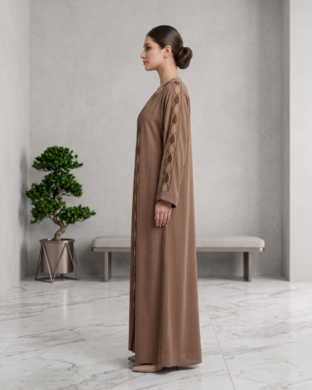 Elegant Mocha Leaf Detail Abaya