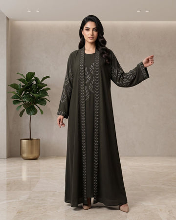 Elegant Black Leaf Detail Abaya