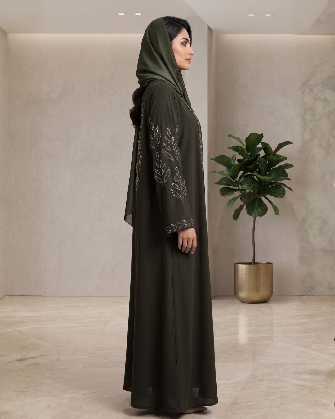 Elegant Black Leaf Detail Abaya