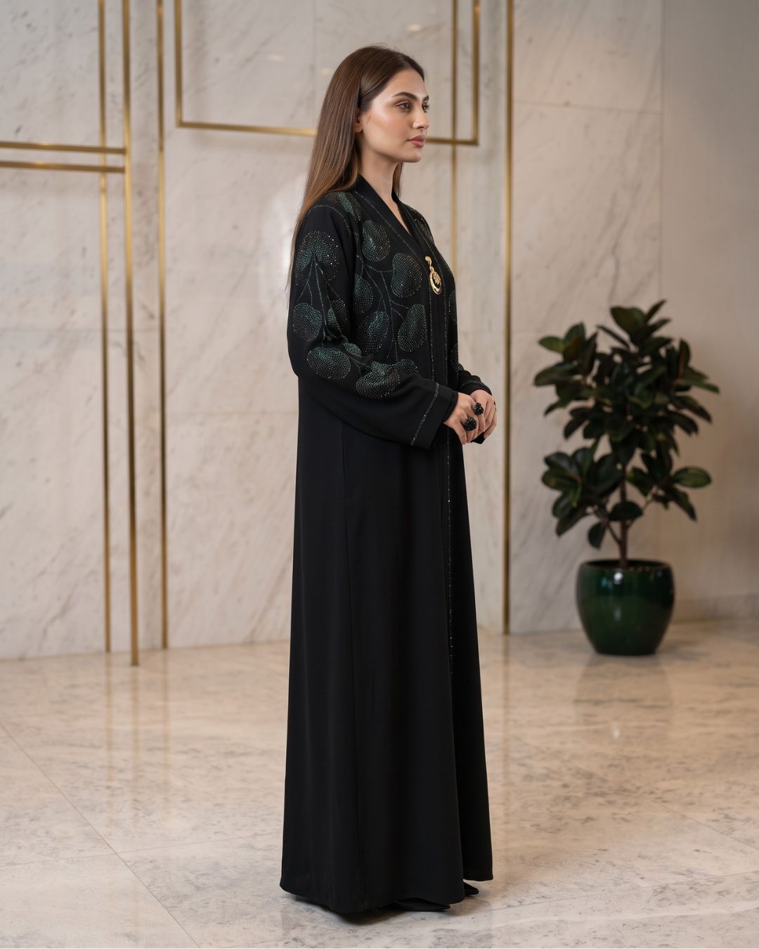 Classic Black Abaya with Statement Brooch