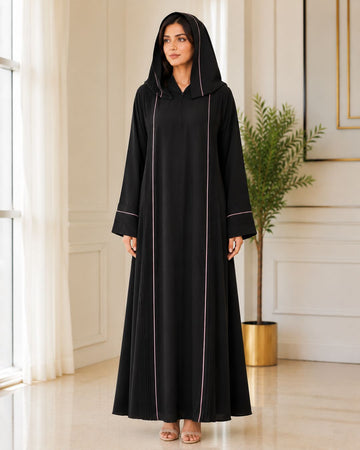 Elegant Black Front-Open Abaya with Gold Detailing