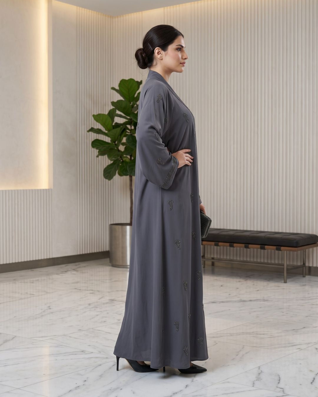 Slate Grey Embellished Flare Abaya