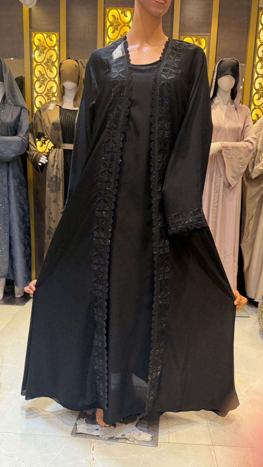 Black Embroidered Open Front Abaya