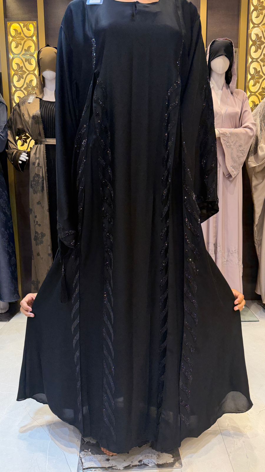Luxury Black Crystal Open Abaya Set